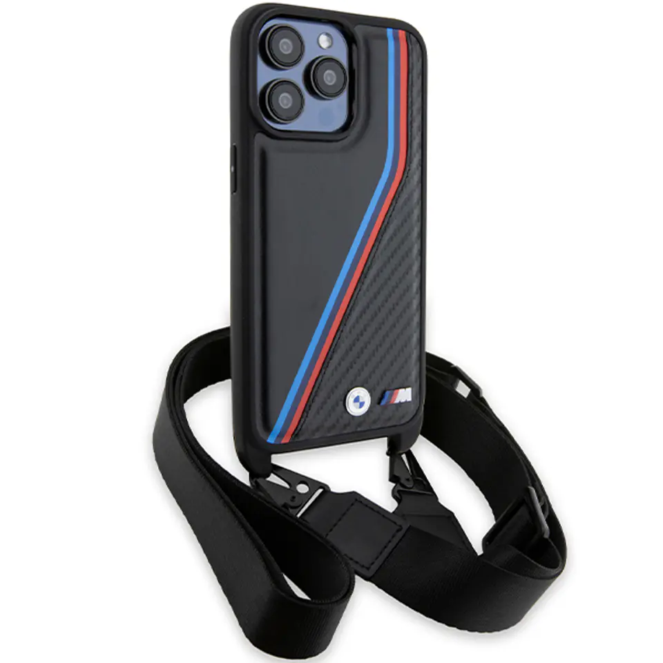 BMW BMHCP15X23PSVTK iPhone 15 Pro Max 6.7" czarny/black hardcase M Edition Carbon Tricolor Lines & Strap