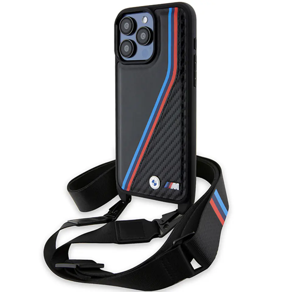 BMW BMHCP15L23PSVTK iPhone 15 Pro 6.1" czarny/black hardcase M Edition Carbon Tricolor Lines & Strap