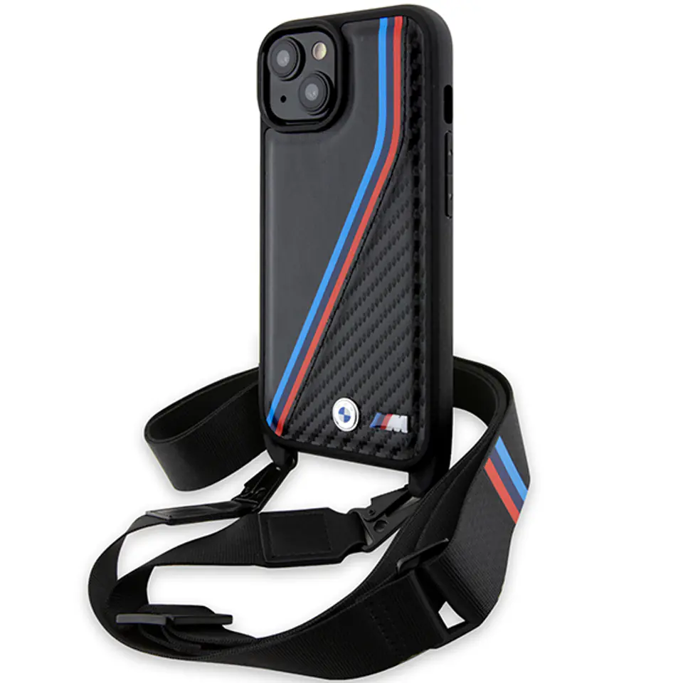 BMW BMHCP15M23PSVTK iPhone 15 Plus / 14 Plus 6.7" czarny/black hardcase M Edition Carbon Tricolor Lines & Strap