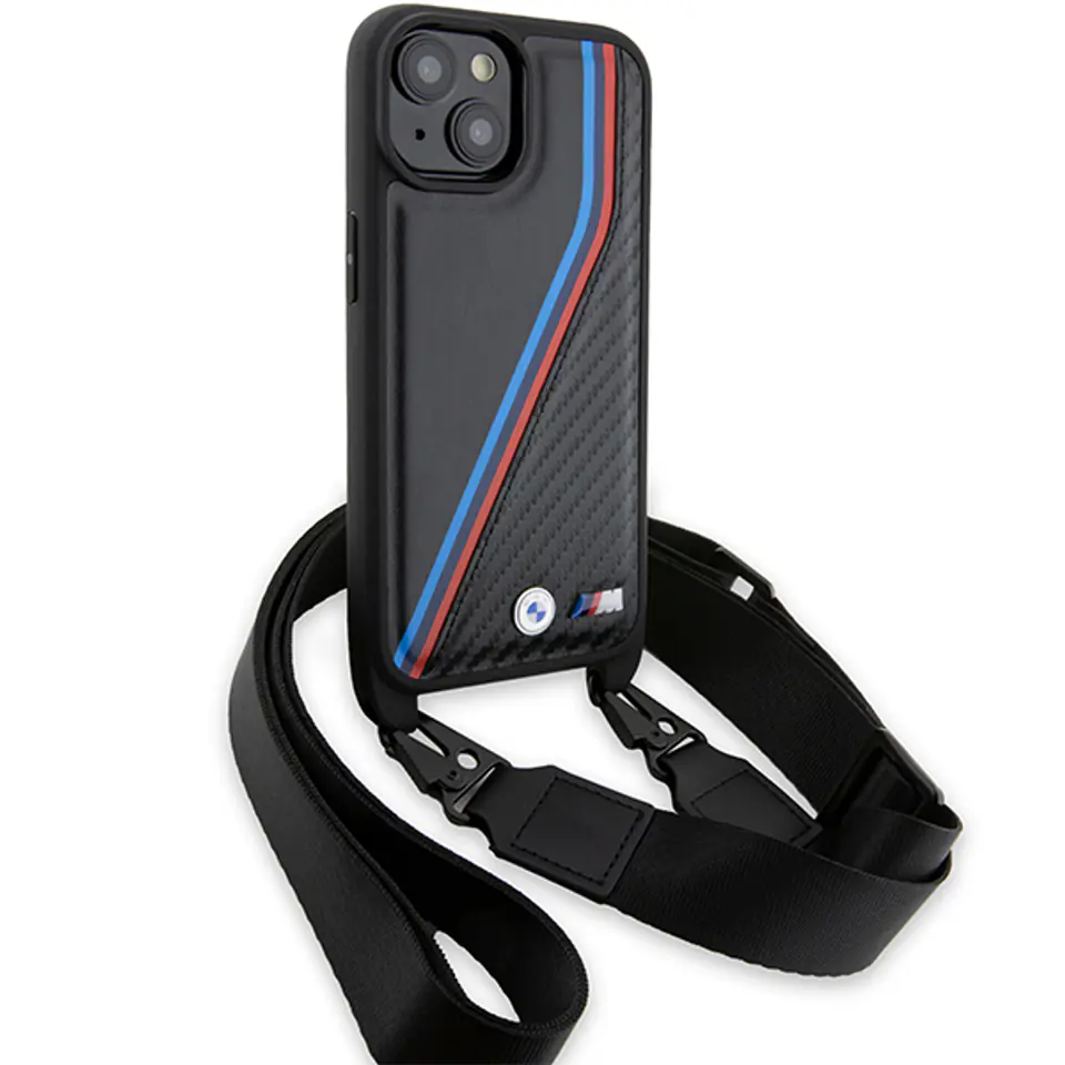 BMW BMHCP15M23PSVTK iPhone 15 Plus / 14 Plus 6.7" czarny/black hardcase M Edition Carbon Tricolor Lines & Strap