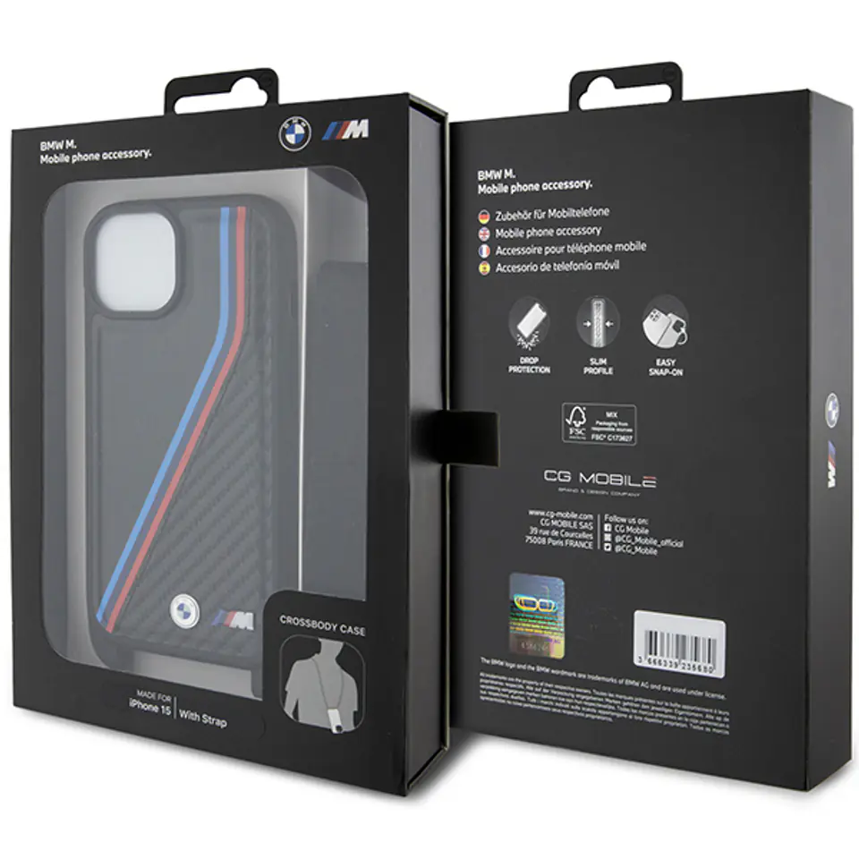 BMW BMHCP15M23PSVTK iPhone 15 Plus / 14 Plus 6.7" czarny/black hardcase M Edition Carbon Tricolor Lines & Strap