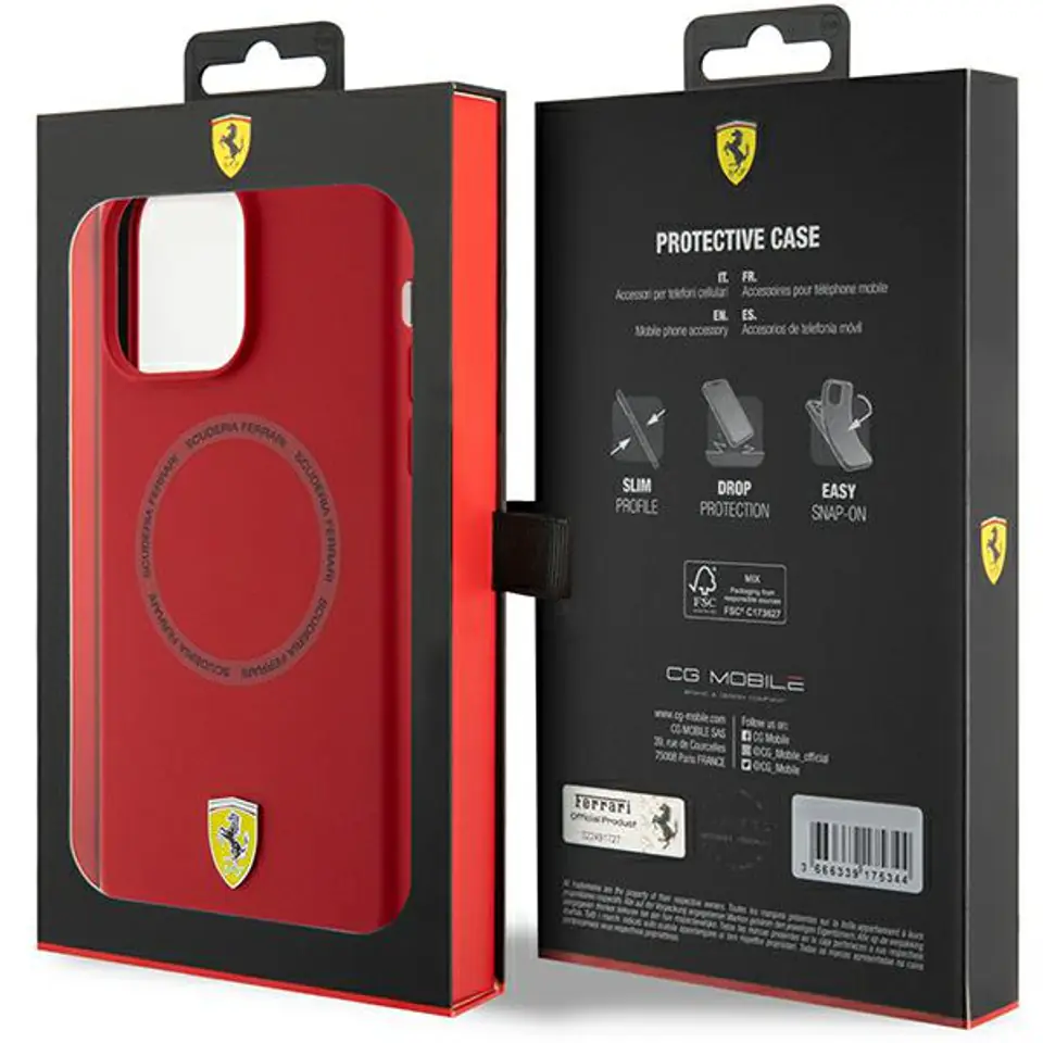 Ferrari FEHMP15XSBAR iPhone 15 Pro Max 6.7" czerwony/red hardcase Silicone Printed Ring MagSafe