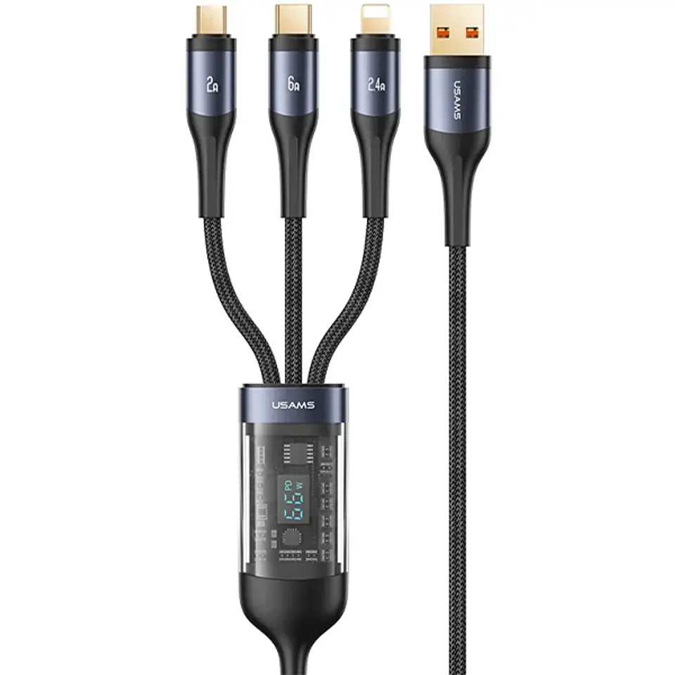 USAMS Kabel pleciony U83 3w1 66W 1,2m Digital Display PD Fast Charge (lightning/microUSB/USB-C) czarny/black SJ582USB01 (US-SJ582)