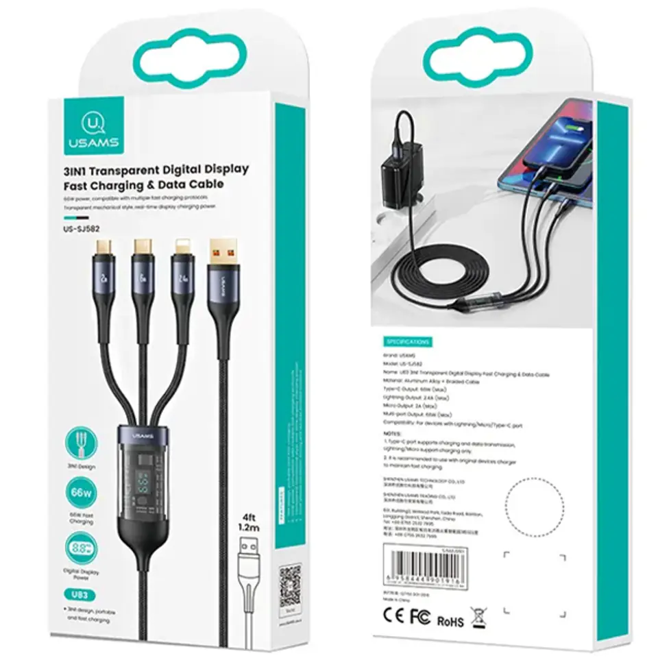 USAMS Kabel pleciony U83 3w1 66W 1,2m Digital Display PD Fast Charge (lightning/microUSB/USB-C) czarny/black SJ582USB01 (US-SJ582)