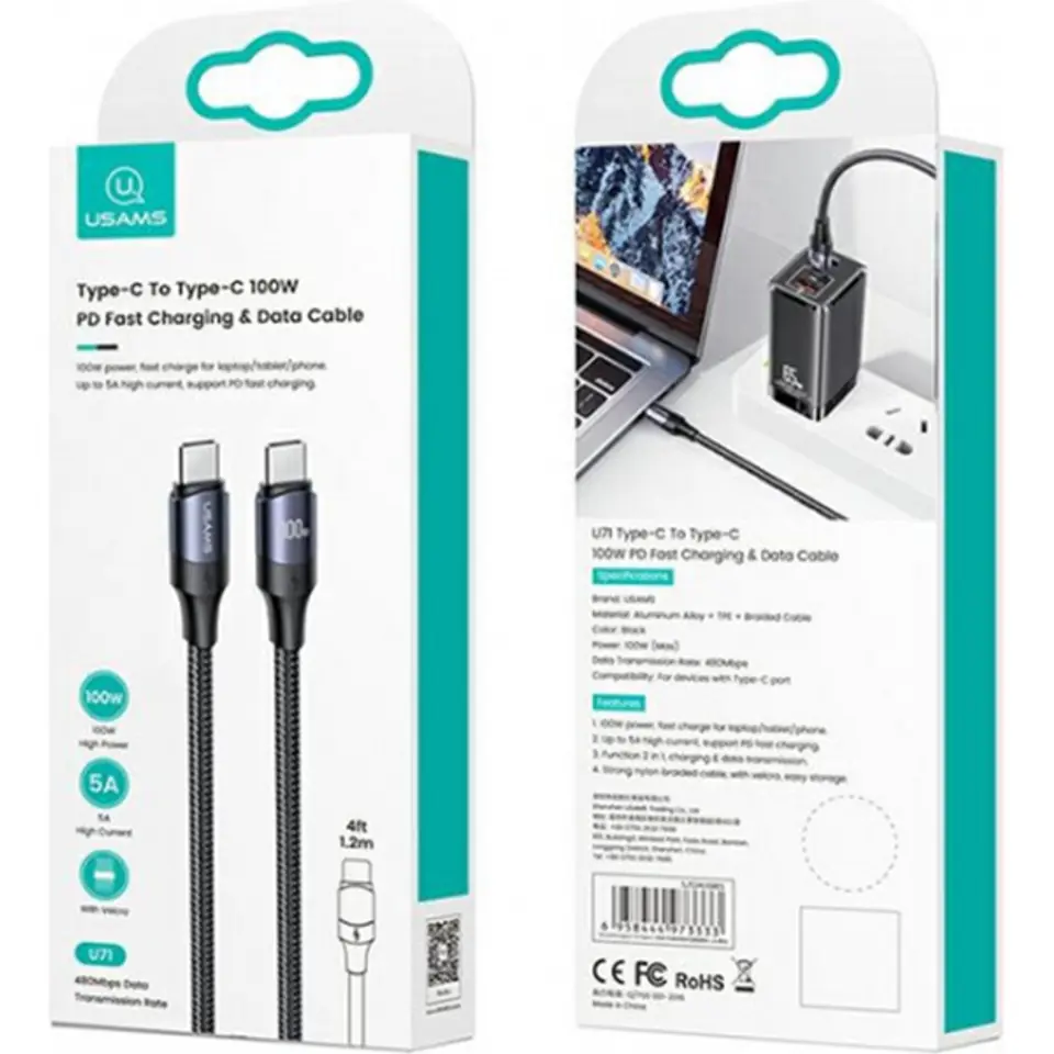 USAMS Kabel U71 USB-C na USB-C 1,2m 100W PD Fast Charge czarny/black SJ524USB01 (US-SJ524)