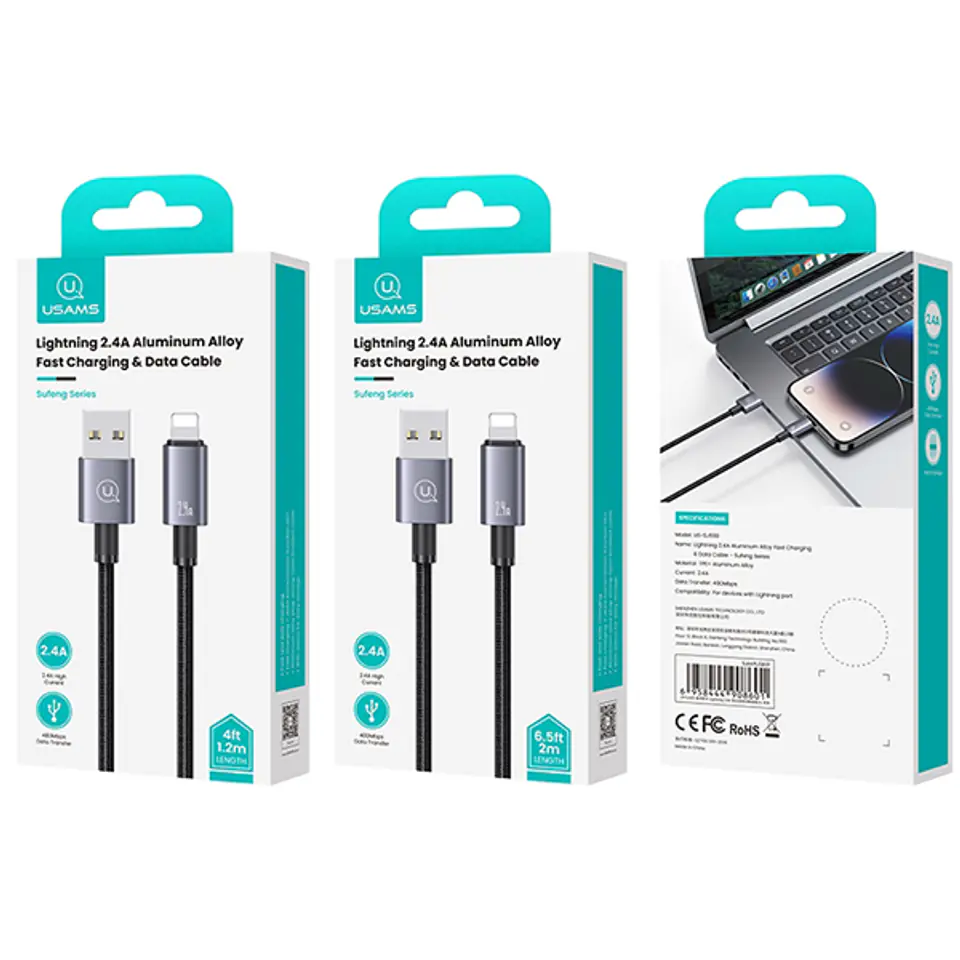 USAMS Kabel USB na Lightning 2,4A 1,2m Fast Charging stalowy/tarnish SJ667USB01 (US-SJ667)