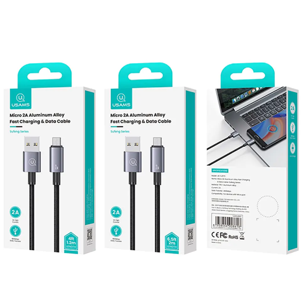 USAMS Kabel USB na Micro-USB 2A 2m Fast Charging stalowy/tarnish SJ670USB01 (US-SJ670)