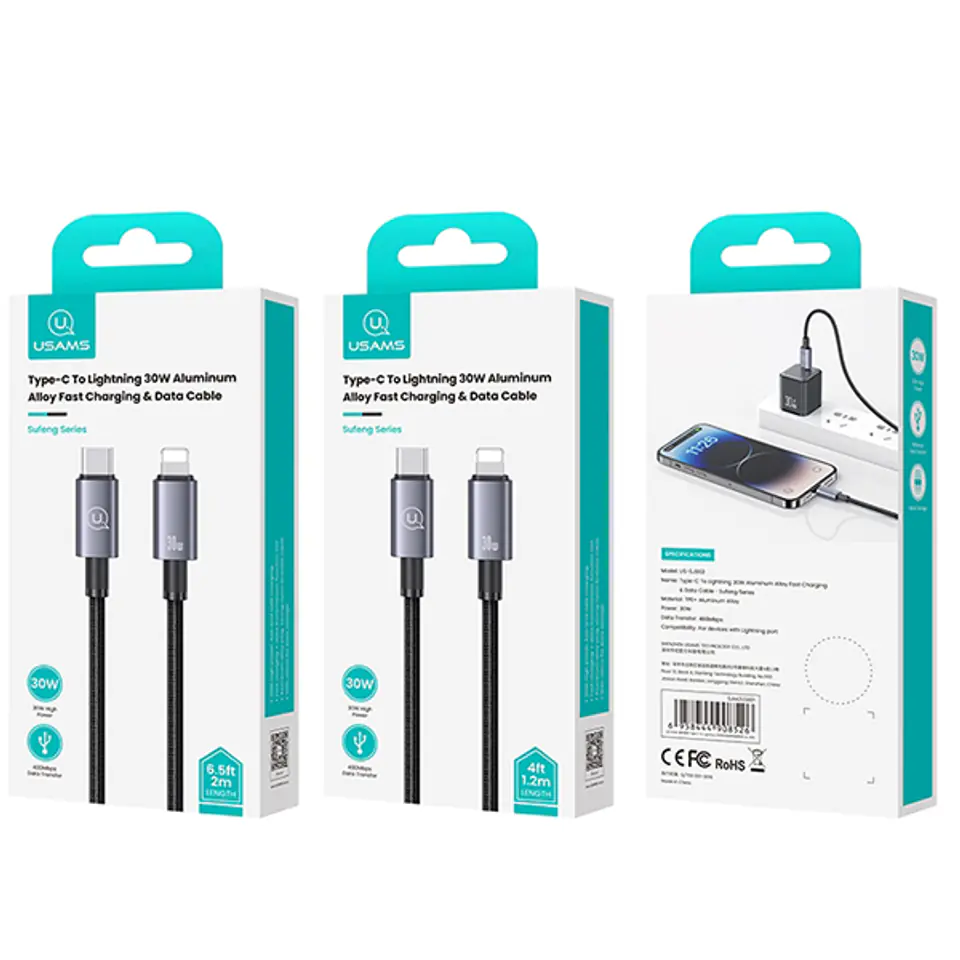 USAMS Kabel USB-C na Lightning 30W 2m Fast Charging stalowy/tarnish SJ665USB01 (US-SJ665)