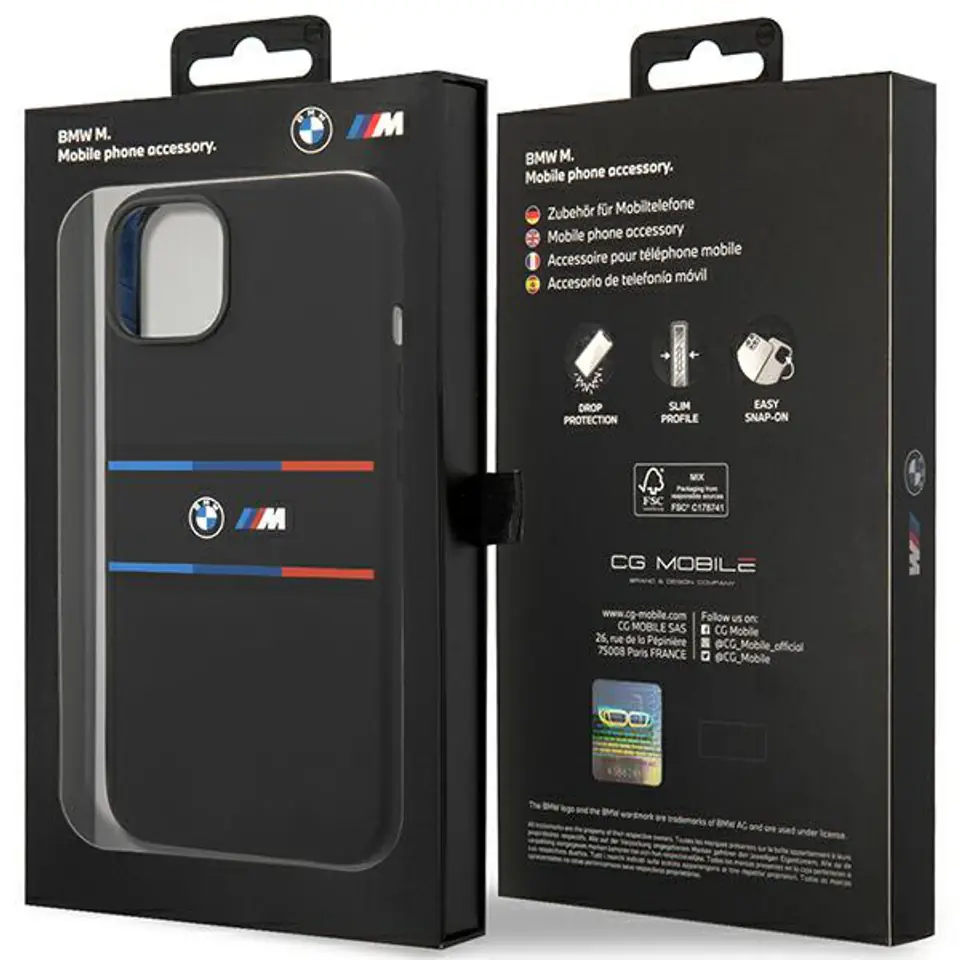 BMW BMHCP15S22SDTK iPhone 15 / 14 / 13 6.1" czarny/black hardcase M Silicone Tricolor Lines