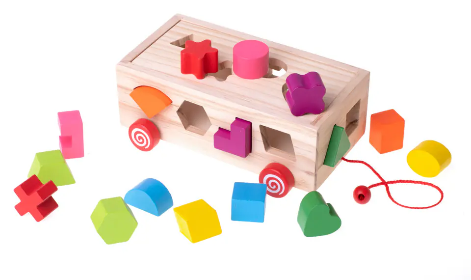 Mobile wooden sorter on string shapes blocks