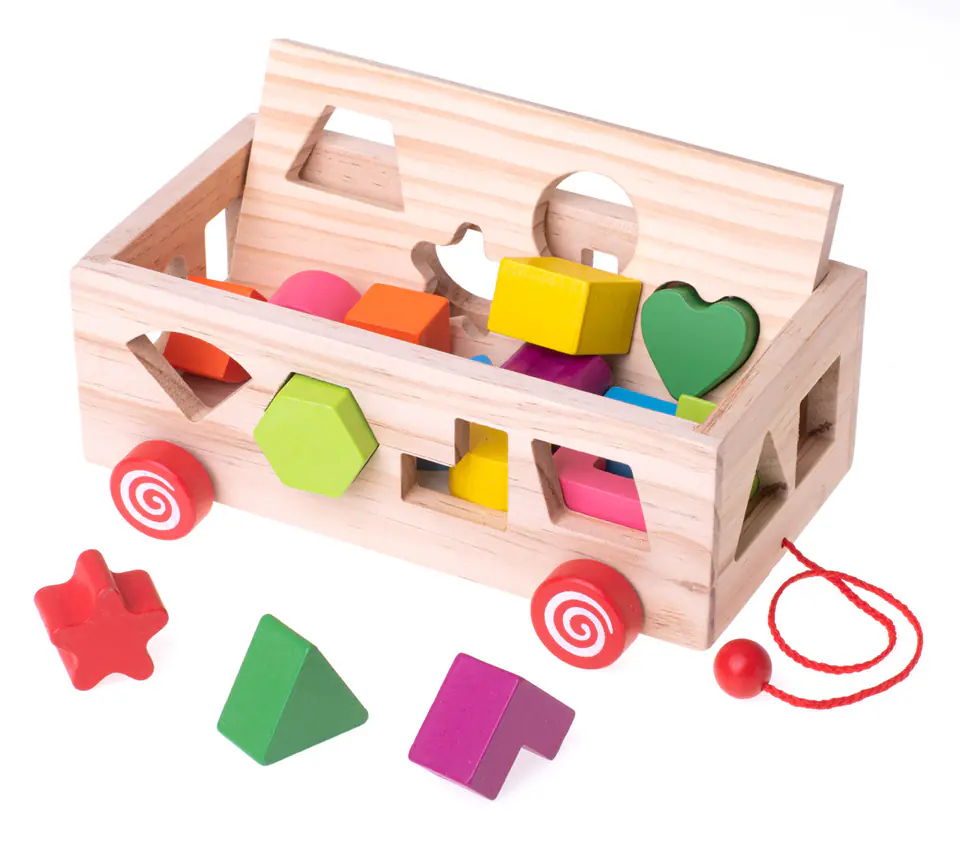 Mobile wooden sorter on string shapes blocks