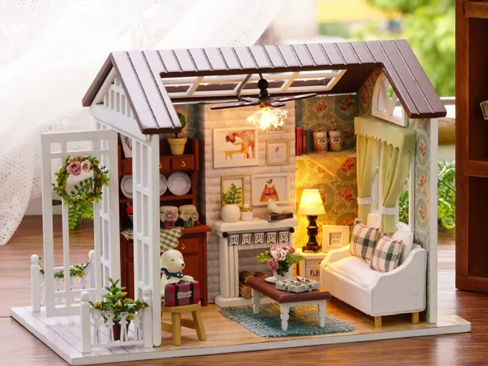 Dollhouse wooden living room model for folding LED 8008-A