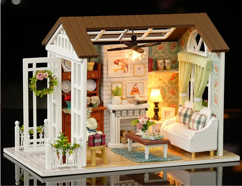 Dollhouse wooden living room model for folding LED 8008-A