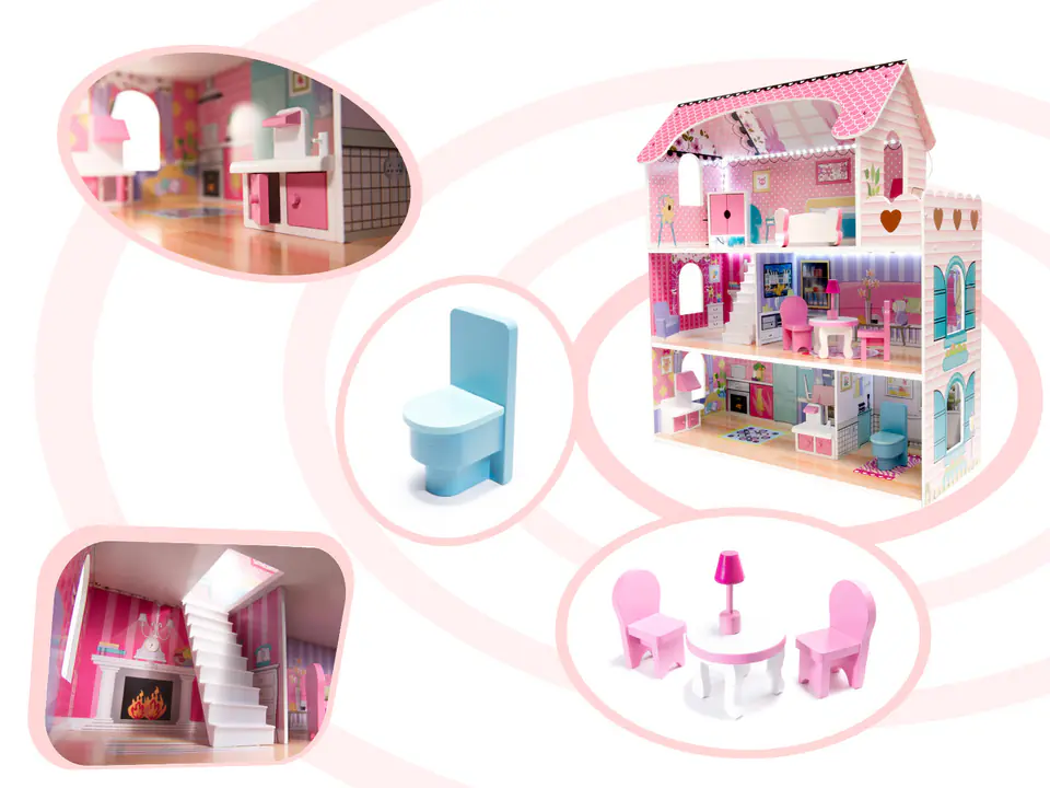 Dollhouse wooden MDF + furniture 70cm pink LED