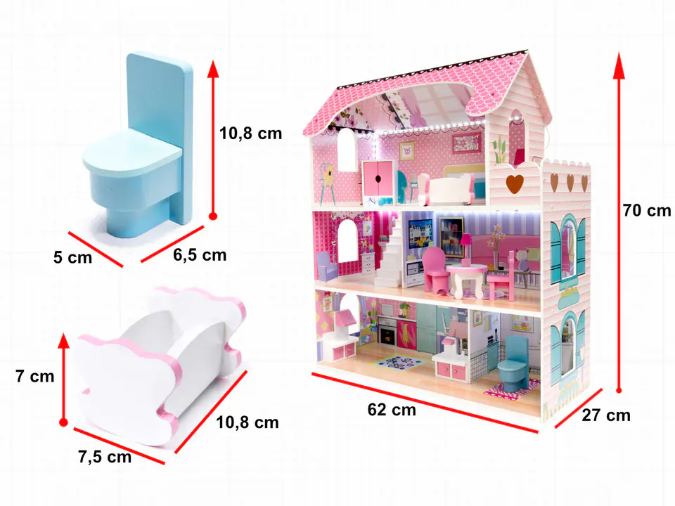 Dollhouse wooden MDF + furniture 70cm pink LED