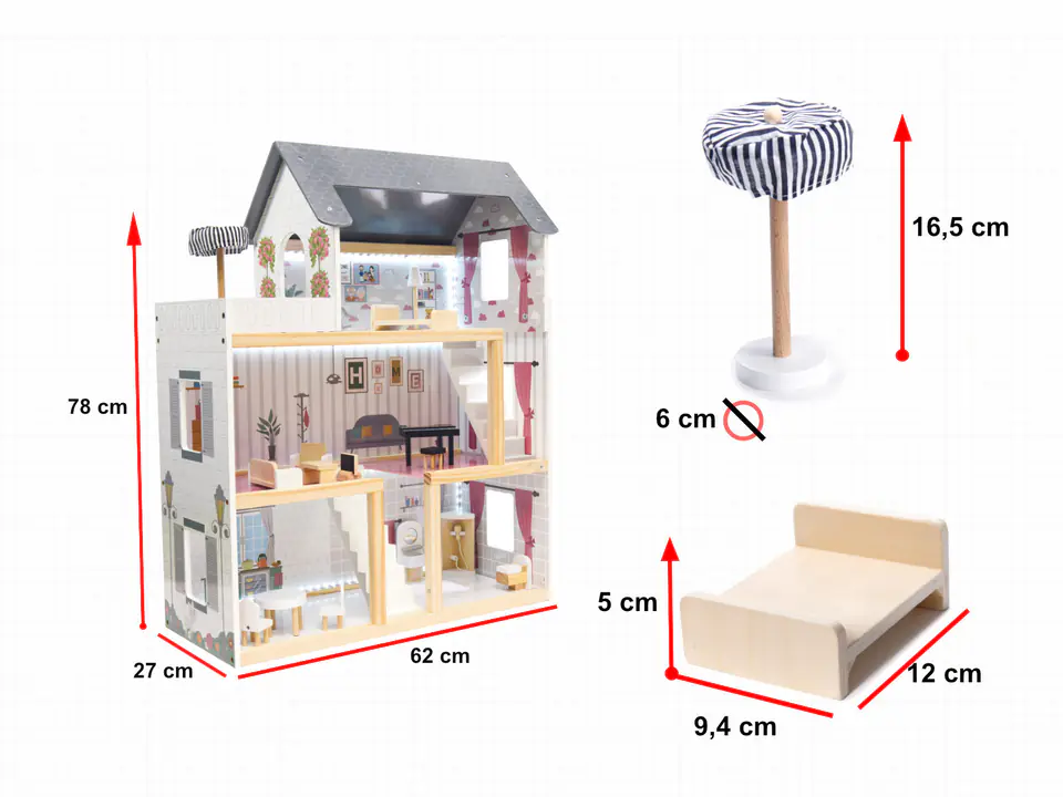 Dollhouse wooden MDF + furniture 78cm black LED