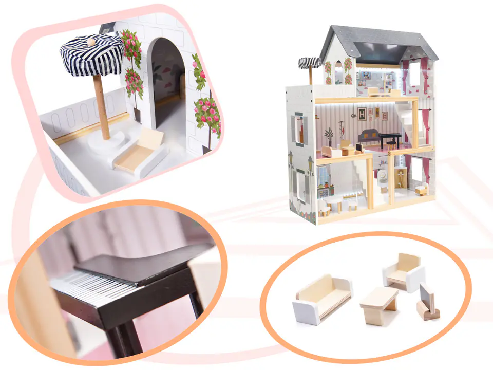 Dollhouse wooden MDF + furniture 78cm black LED