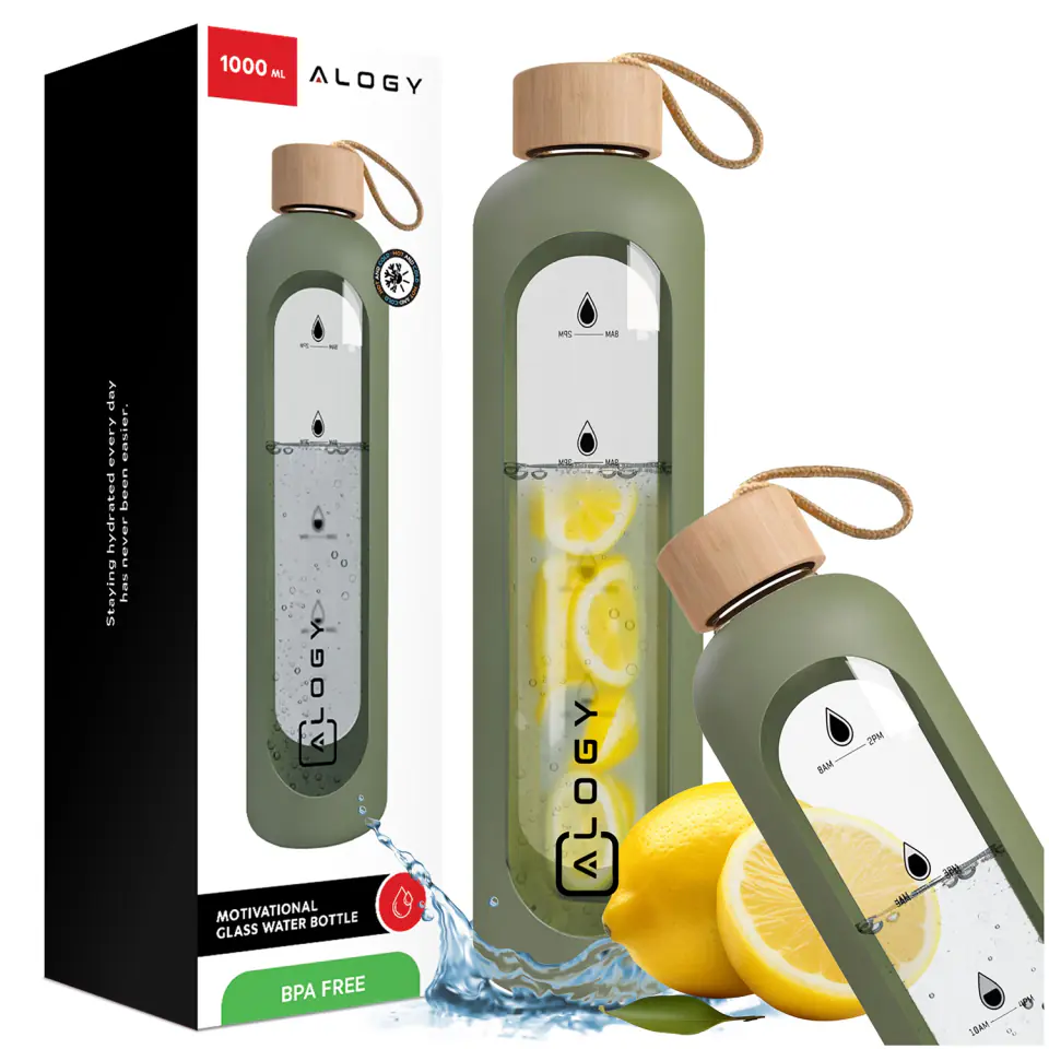 Butelka szklana duża bidon na wodę napoje do picia Alogy Miarka motywacyjna 1l 1000ml etui silikonowe Oliwkowa