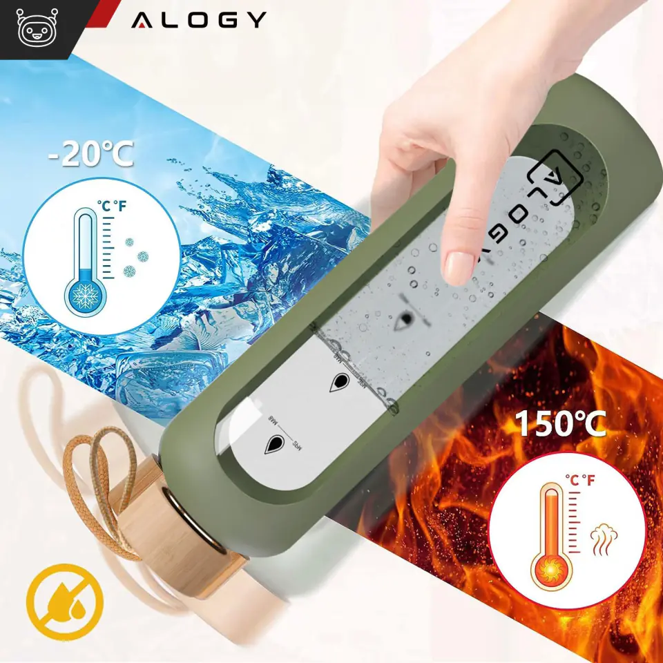 Butelka szklana duża bidon na wodę napoje do picia Alogy Miarka motywacyjna 1l 1000ml etui silikonowe Oliwkowa