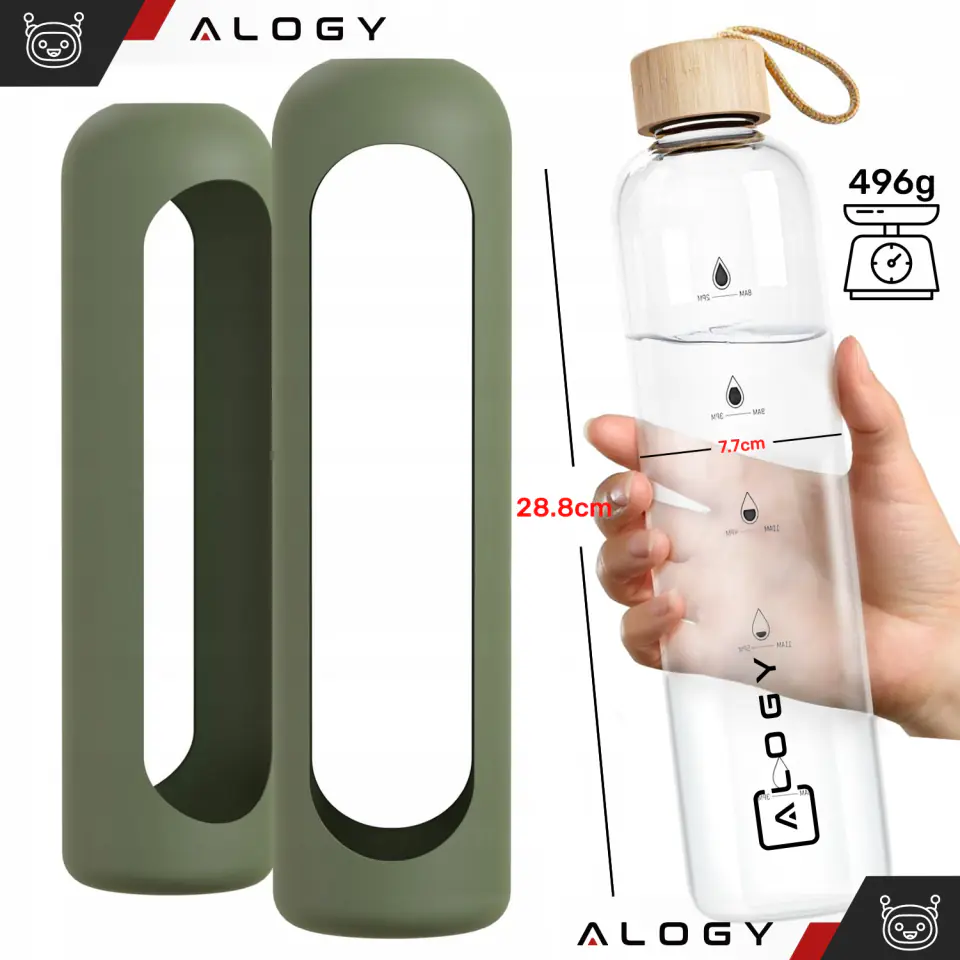 Butelka szklana duża bidon na wodę napoje do picia Alogy Miarka motywacyjna 1l 1000ml etui silikonowe Oliwkowa