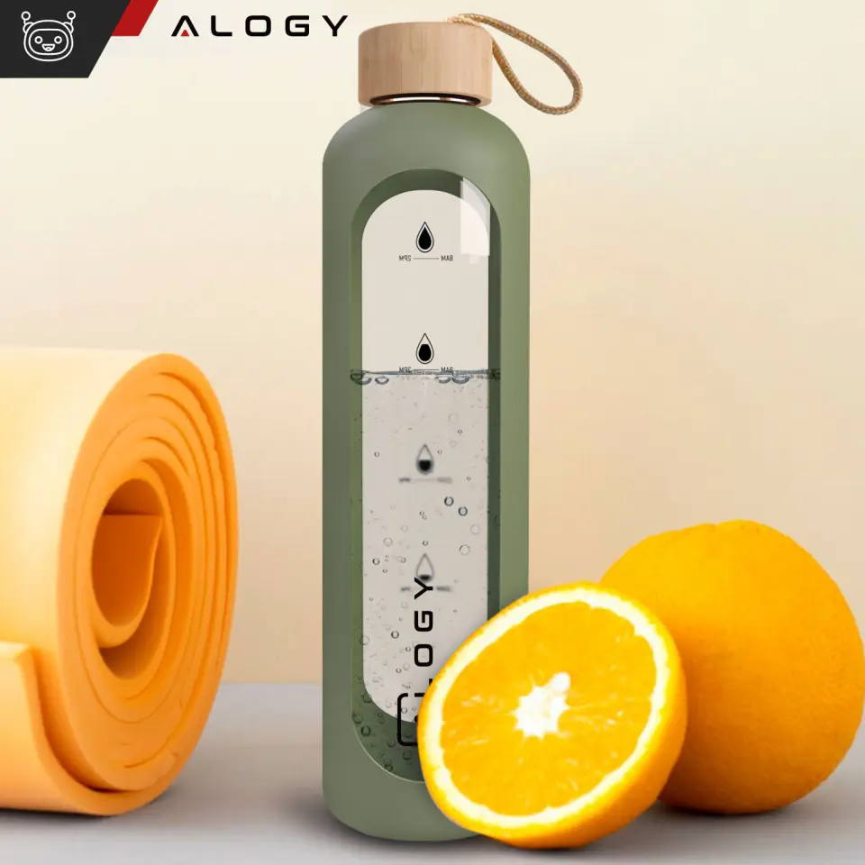Butelka szklana duża bidon na wodę napoje do picia Alogy Miarka motywacyjna 1l 1000ml etui silikonowe Oliwkowa