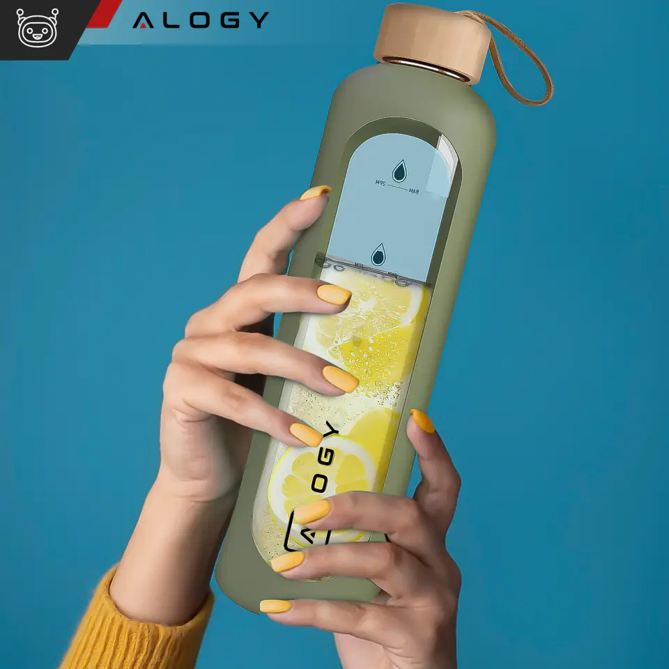 Butelka szklana duża bidon na wodę napoje do picia Alogy Miarka motywacyjna 1l 1000ml etui silikonowe Oliwkowa