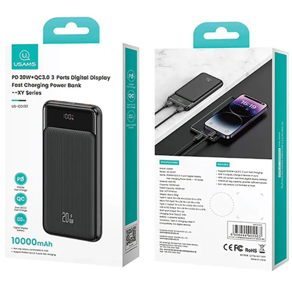 USAMS Powerbank 30000mAh 20W QC3.0+PD Fast Charge czarny/black XY Series 30KCD20101 (US-CD201) Digital display