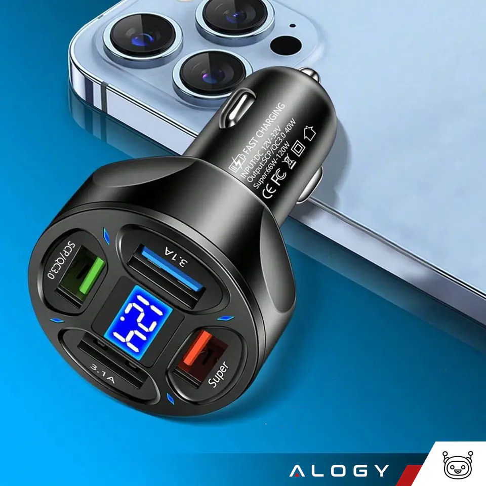 Ładowarka samochodowa 4x USB QC 3.0 66W szybka mocna do telefonu samochodu Alogy Car czarna