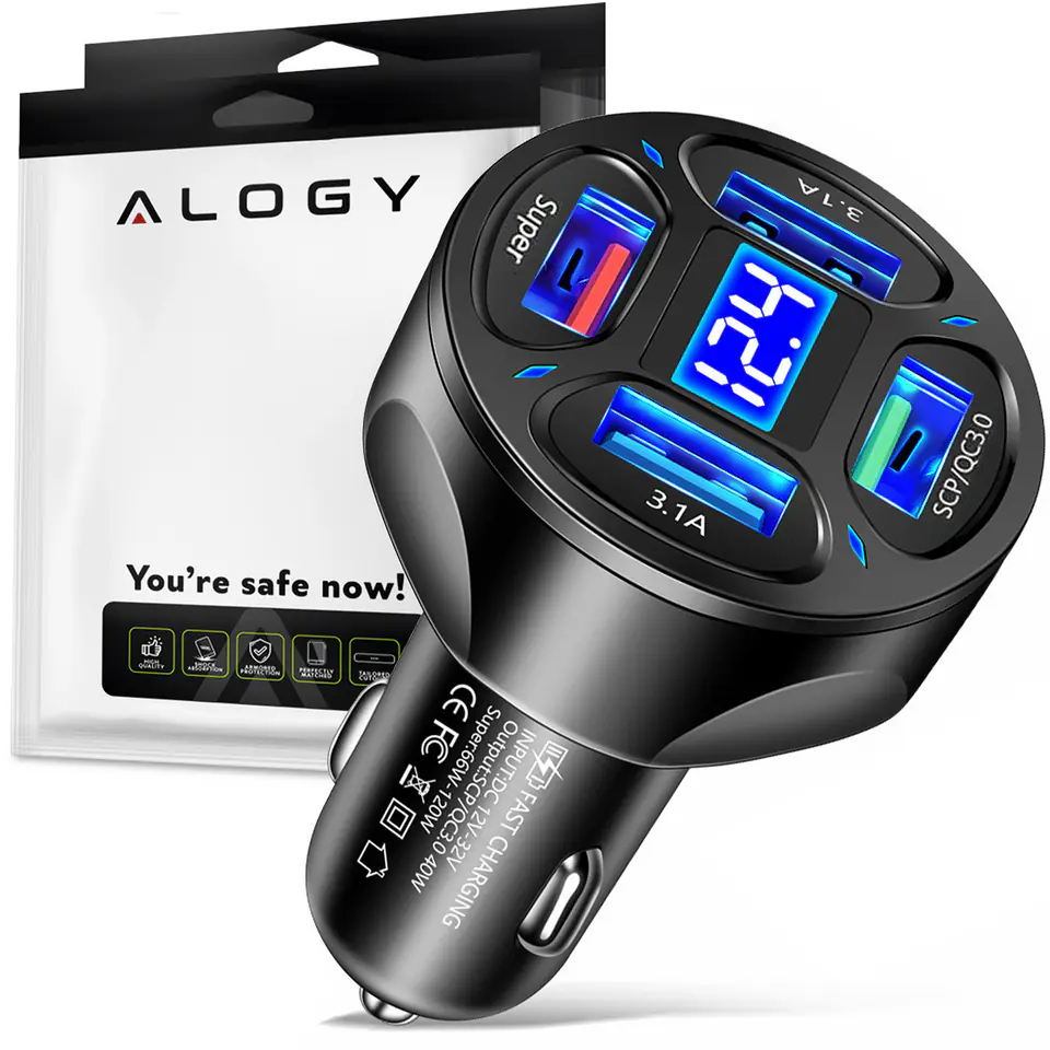 Ładowarka samochodowa 4x USB QC 3.0 66W szybka mocna do telefonu samochodu Alogy Car czarna