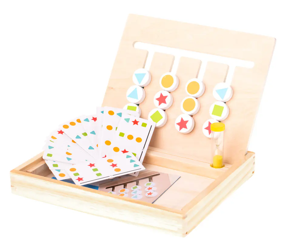 Educational wooden toy match the colors of the boxes