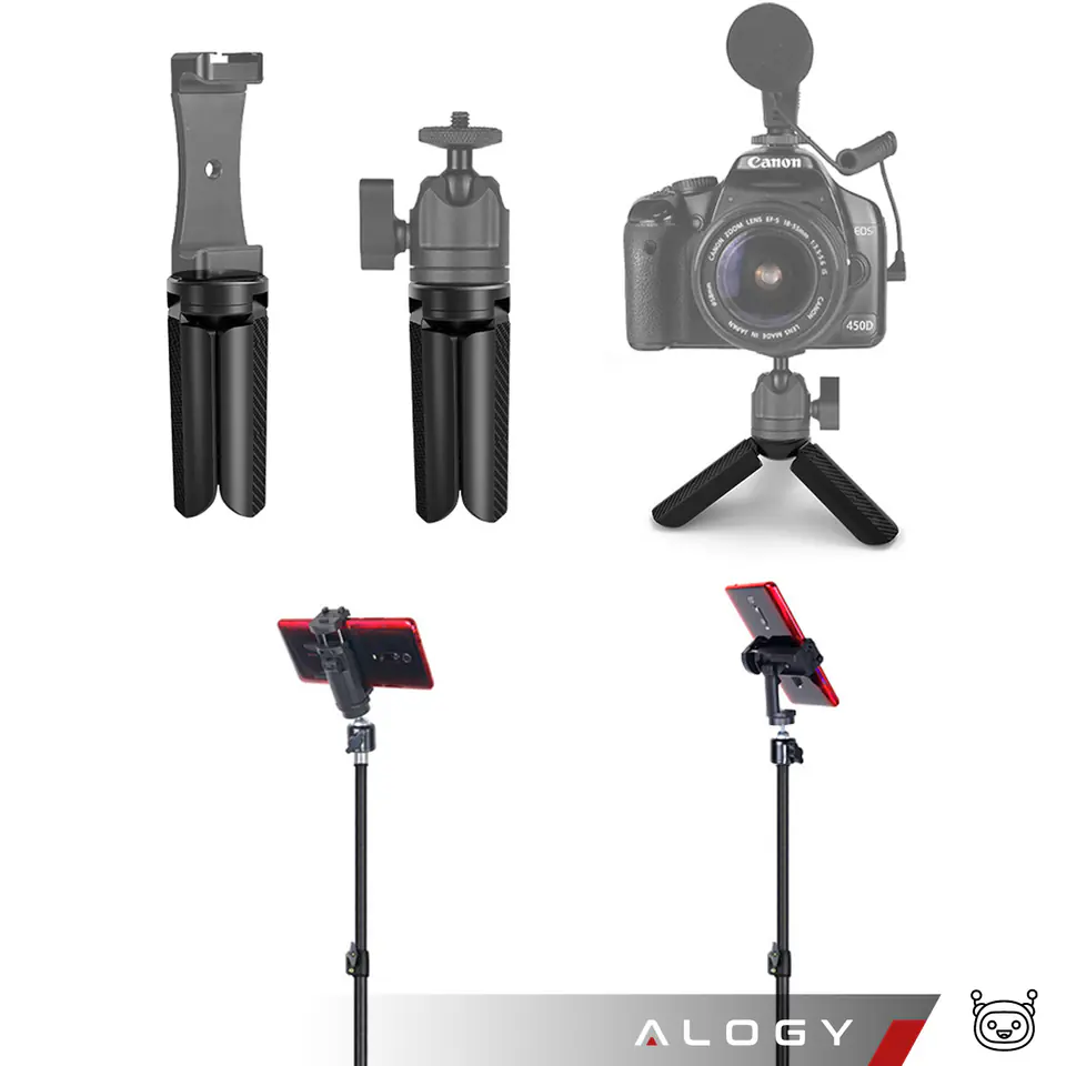 Uchwyt mini statyw na telefon aparat stojak podstawka regulowany obrotowy 360 Tripod selfie do zdjęć Alogy Czarny