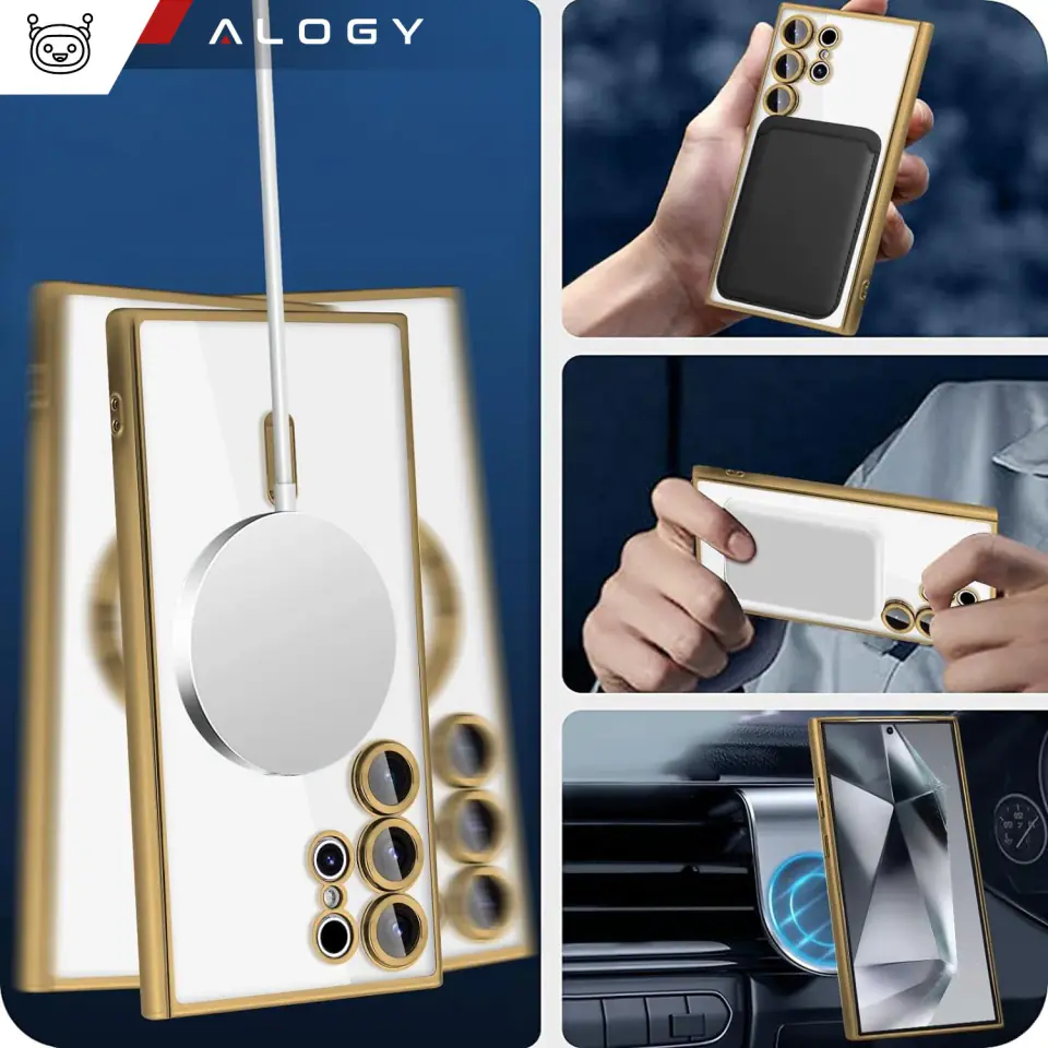 Etui do Samsung Galaxy S24 Ultra Mag Safe Glamour Case Ring obudowa ochrona aparatów Alogy Złote przezroczyste