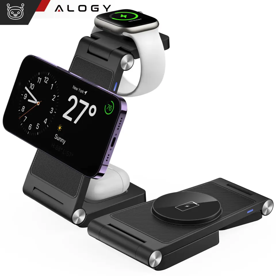 Ładowarka Indukcyjna Bezprzewodowa Mag Safe 3w1 Qi 18W do iPhone, Apple Watch, AirPods stacja ładowania stojak Alogy czarna