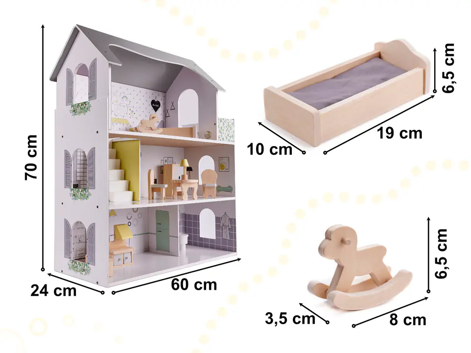 Dollhouse wooden + furniture 70cm gray