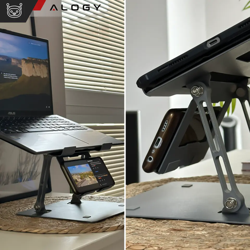Uchwyt na laptop 17" Macbook tablet telefon stojak 2w1 podstawka składany regulowany aluminiowy na biurko Alogy Grafitowy