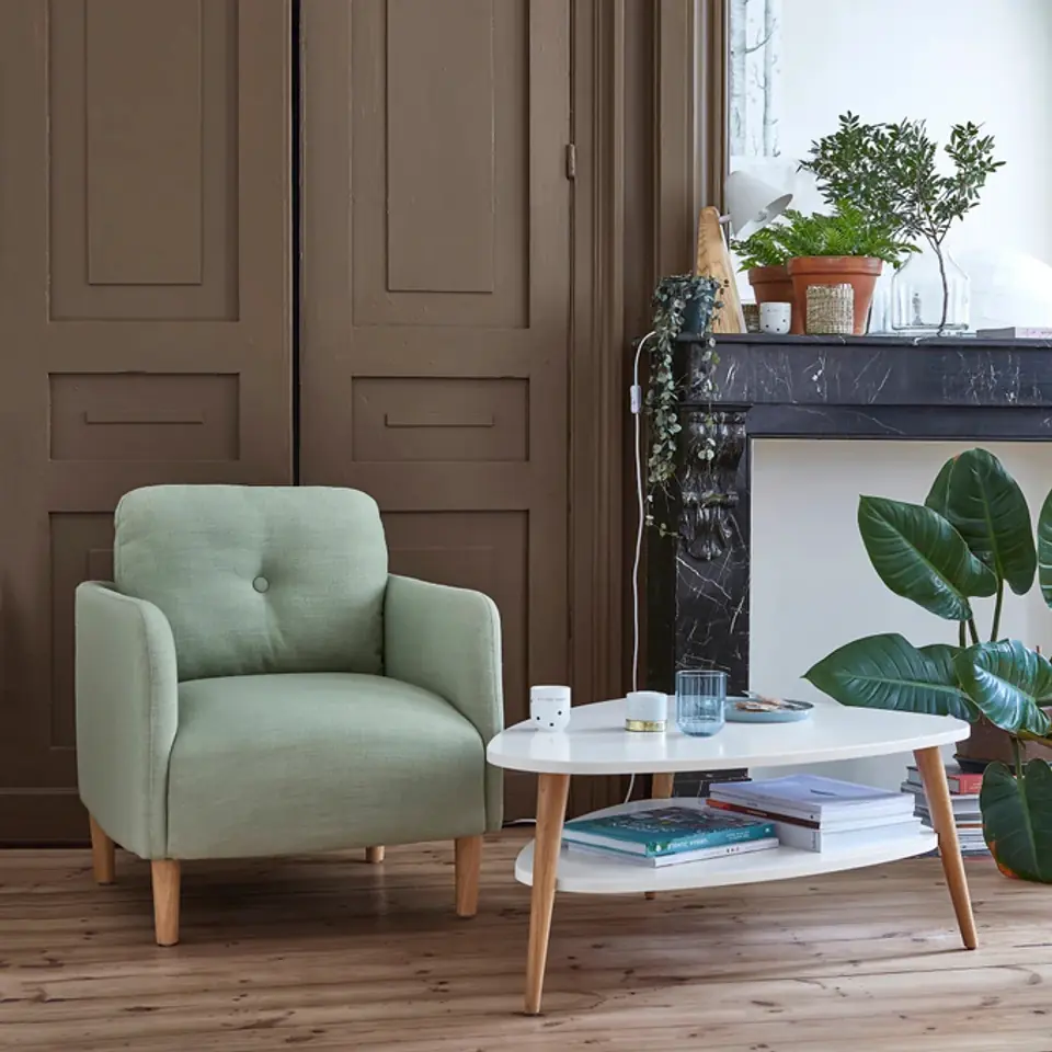 Nowoczesny stolik kawowy półka drewniane nogi biały ModernHome