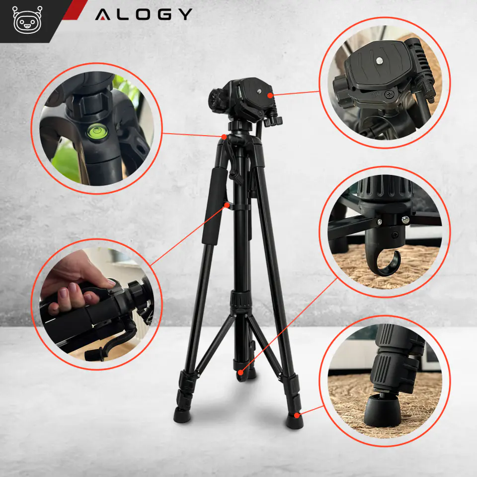 Statyw Fotograficzny Tripod Uniwersalny stojak do Kamer 1/4 uchwyt na telefon aparat 170cm Alogy Czarny