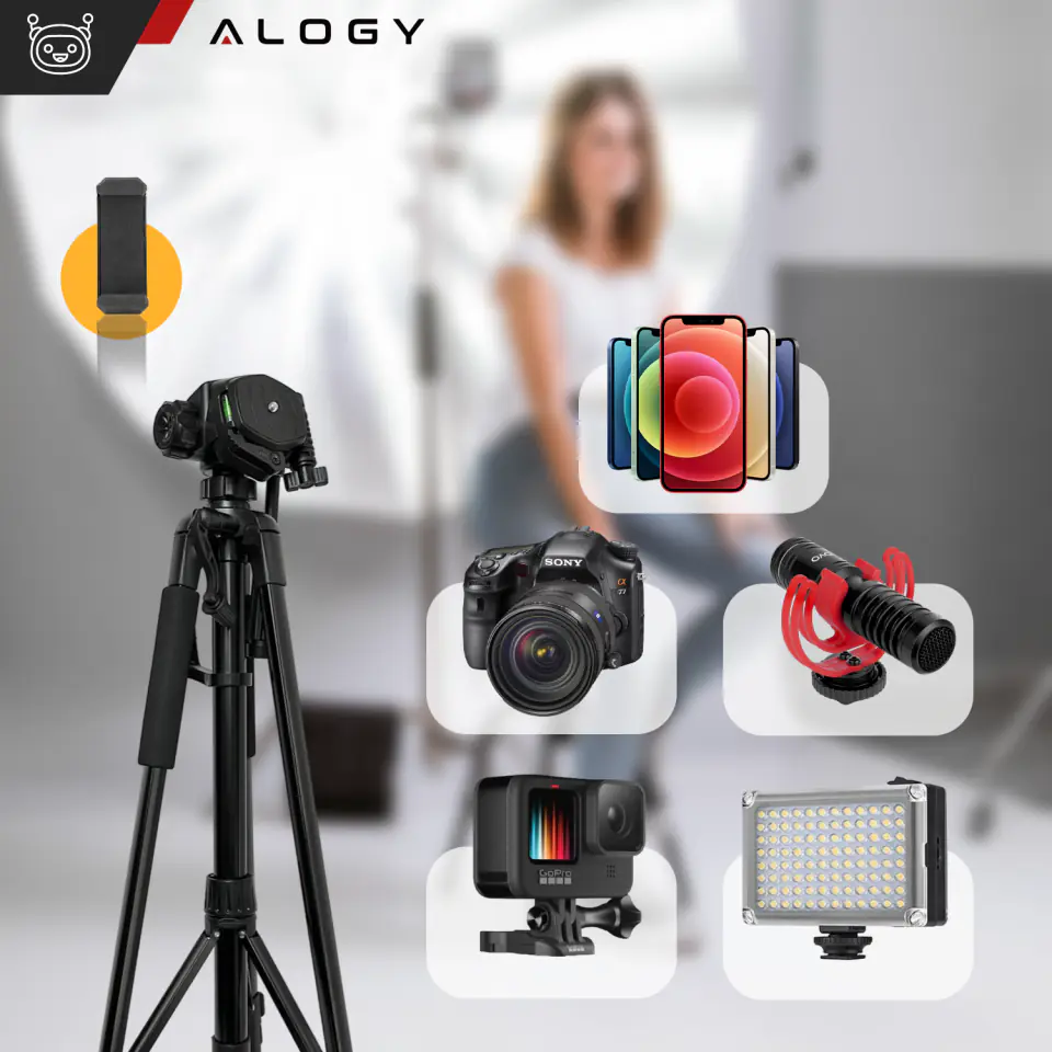 Statyw Fotograficzny Tripod Uniwersalny stojak do Kamer 1/4 uchwyt na telefon aparat 170cm Alogy Czarny