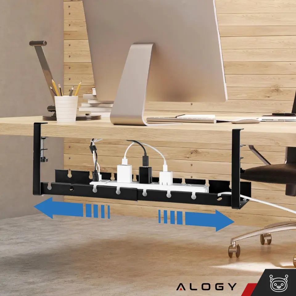 Organizer kabli pod blat półka regulowana na kable listwe biurkowy aluminiowy uchwyt Alogy Czarny