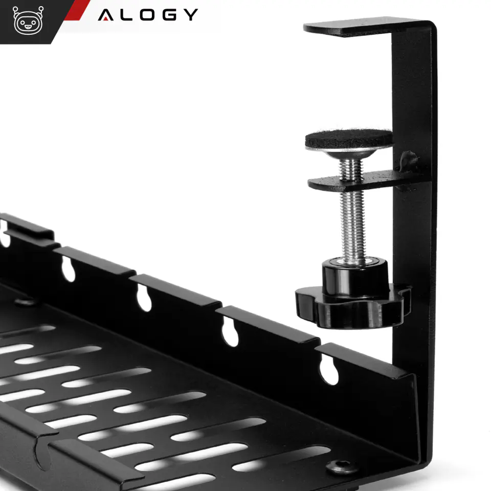 Organizer kabli pod blat półka regulowana na kable listwe biurkowy aluminiowy uchwyt Alogy Czarny