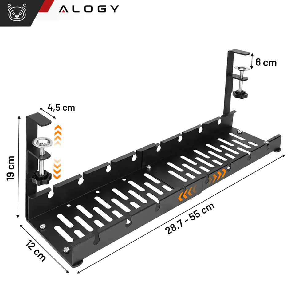 Organizer kabli pod blat półka regulowana na kable listwe biurkowy aluminiowy uchwyt Alogy Czarny