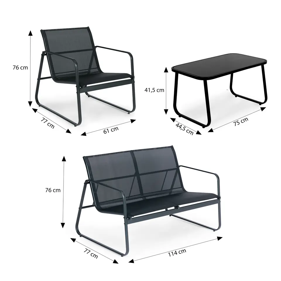 Komplet mebli ogrodowych metalowy stelaż krzesła ławka i stolik czarny