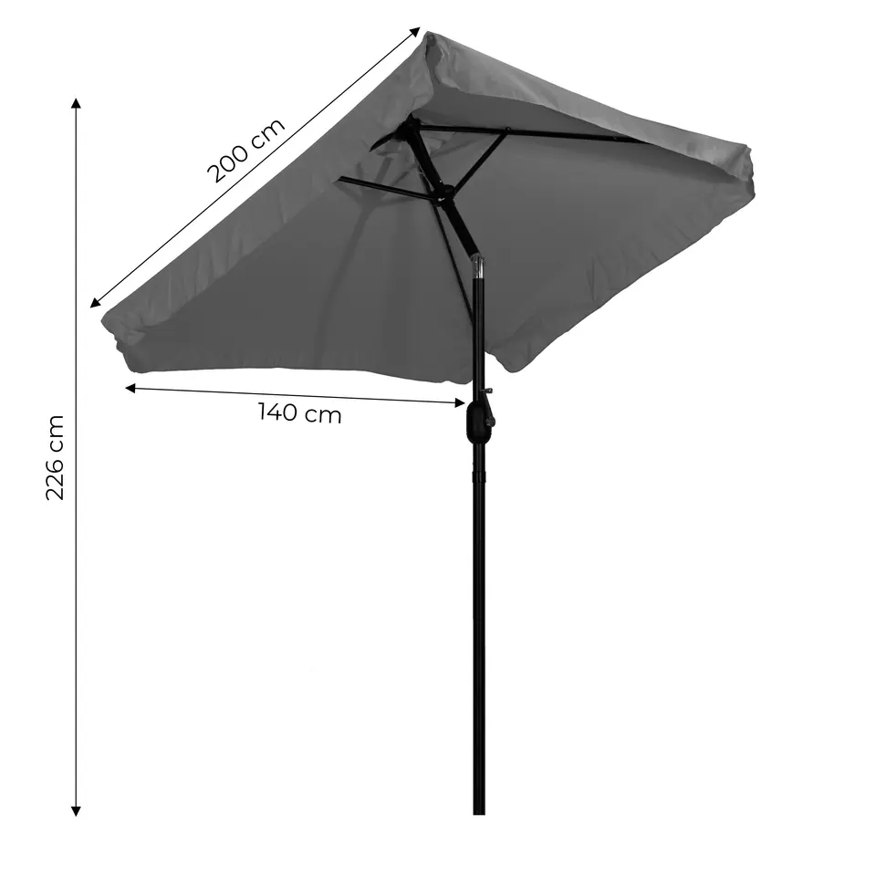 Prostokątny duży parasol ogrodowy skośny łamany z korbą szary 200 x 140 cm