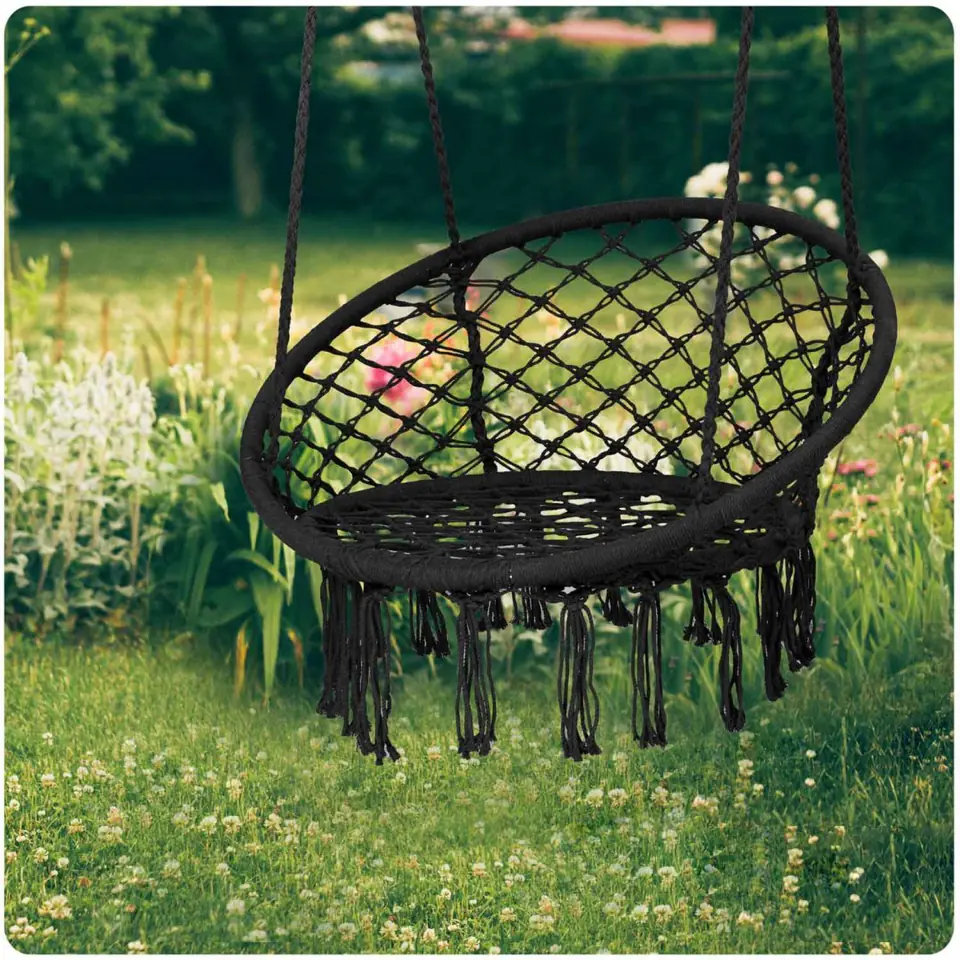 Fotel wiszący Boho huśtawka ogrodowa z poduszką czarna