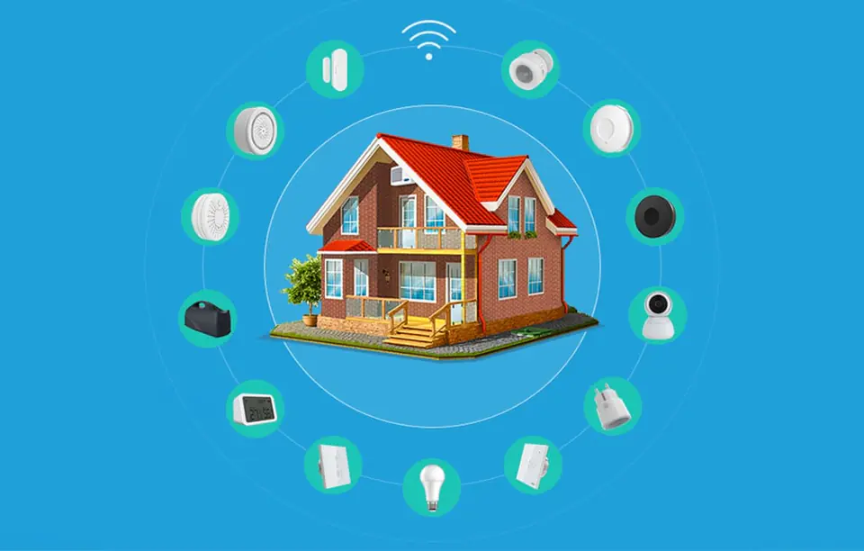 Grafika domu na niebieskim tle w otoczeniu ikon reprezentujących różne inteligentne urządzenia.