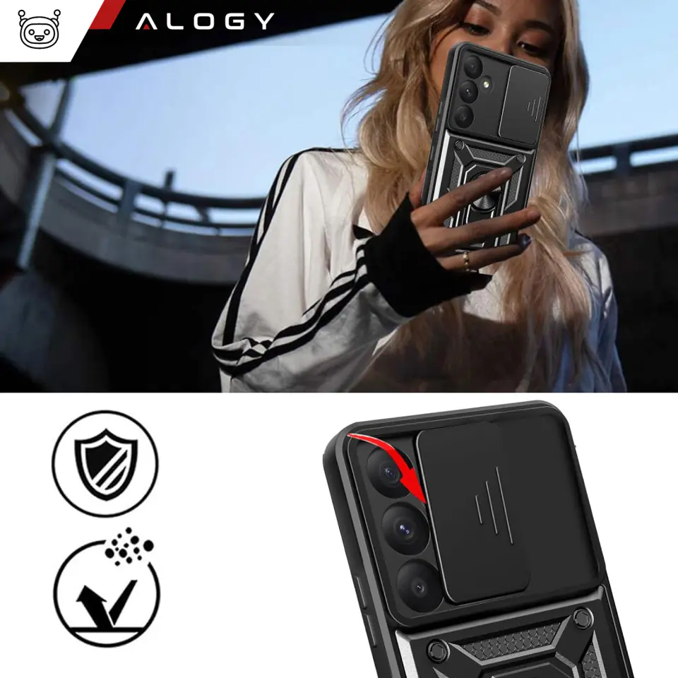 Etui do Samsung Galaxy A35 5G pancerne Slide Case Ring obudowa ochrona aparatu Camshield Alogy czarne