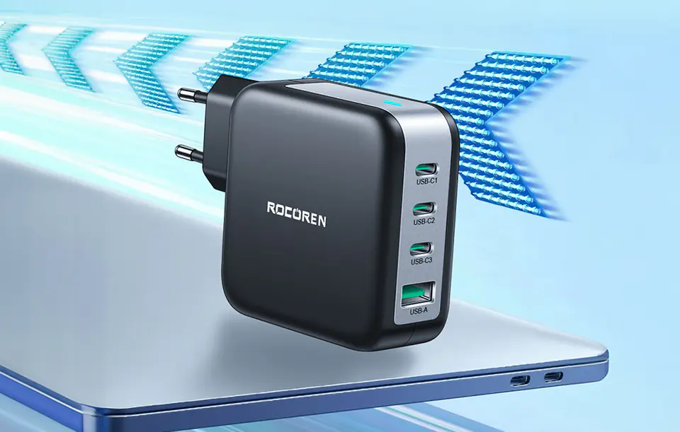 Ładowarka sieciowa Rocoren 3x USB-C, 1x USB, Power Delivery 3.0, GaN, 100W (czarna)