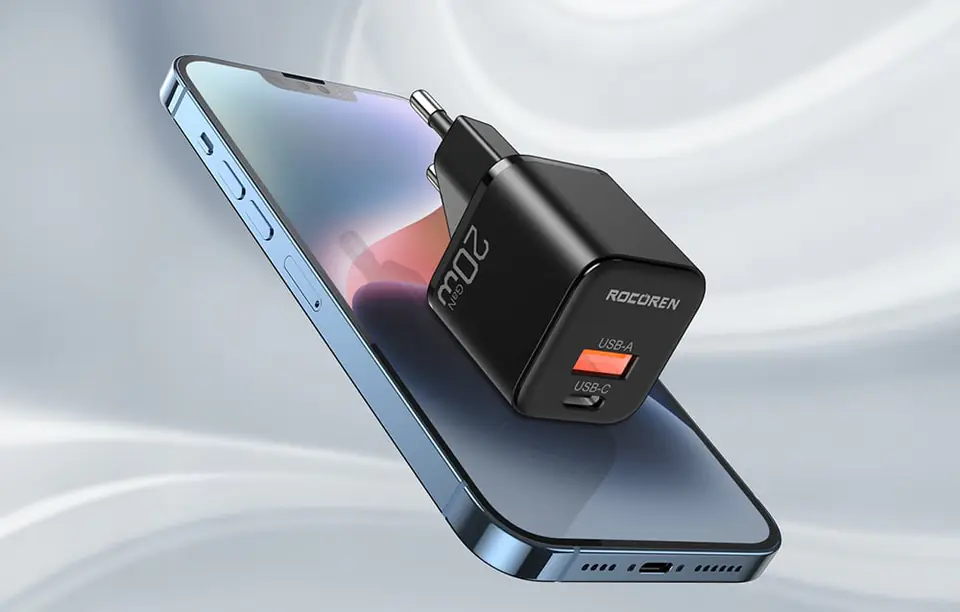 Ładowarka sieciowa Rocoren USB-C, USB, Power Delivery, MiniGaN, 20W (czarna)