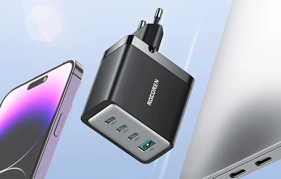 Ładowarka sieciowa Rocoren 3x USB-C, 1x USB, GaN, 67W (czarna)