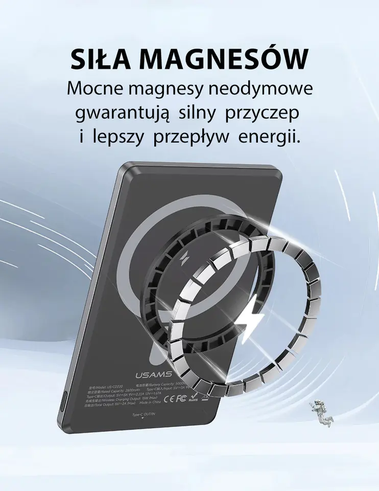 USAMS Powerbank indukcyjny 5000mAh 20W Fast Charge ciemnoszary/dark grey Magsafe 10KCD22001 (US-CD220)